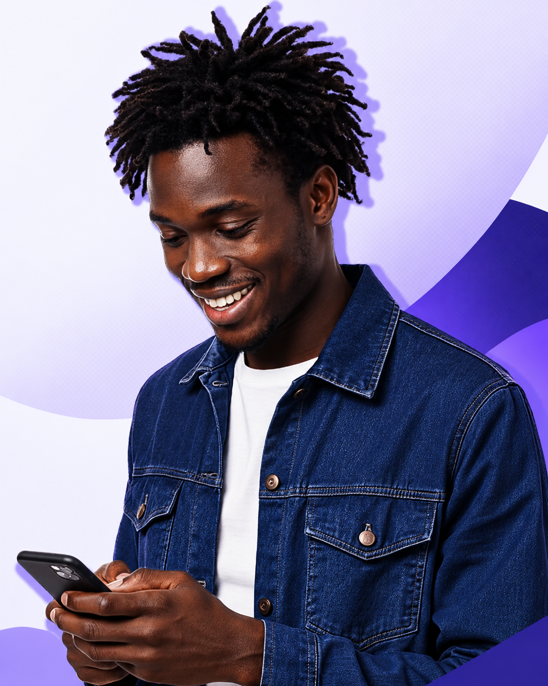 A smiling man in a navy jacket using his phone